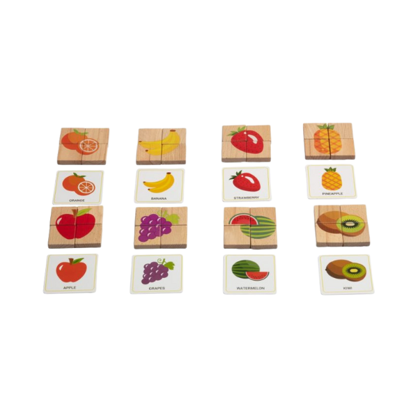 Wooden fruit puzzle pieces with matching flash cards for toddlers