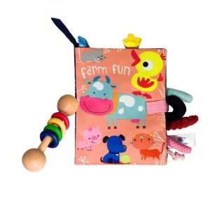 NewBorn Fun Set— Wooden Rattle + Animal Fun Cloth Book