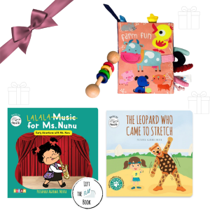 D’bebé Sensory Play & Storytime Gift Set – SAM & MI Board Books + Wooden Rattle & Animal Cloth Book for Babies