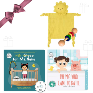 D’bebé Bath & Bedtime Gift Set – SAM & MI Routine Board Books + Wooden Rattle & Muslin Soft Toy
