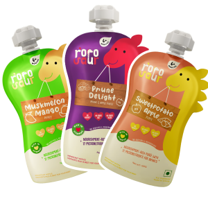 Rorosaur Ready-to-Eat Fruit & Veggie Baby Food Purees Combo (3 Pouches X 100g each) | Prune Delight, Muskmelon Mango & Sweet Potato Apple | 6+ Months