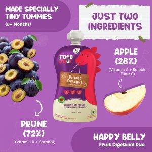 Rorosaur Baby Food Pouch | Prune Fruit Puree helps with constipation & indigestion for Baby and Toddlers,6+ Months, No more tummy problems | Ready to Eat, No Preservatives, No Added Sugar |100g each, Pk of 4