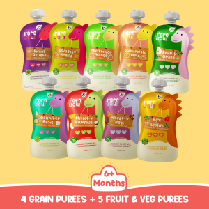 Rorosaur Baby Food Purees - Ready to Eat - 9 Pouch Combo (100g each - combo pack), 6+ Months | Grain, Fruit, Veggie